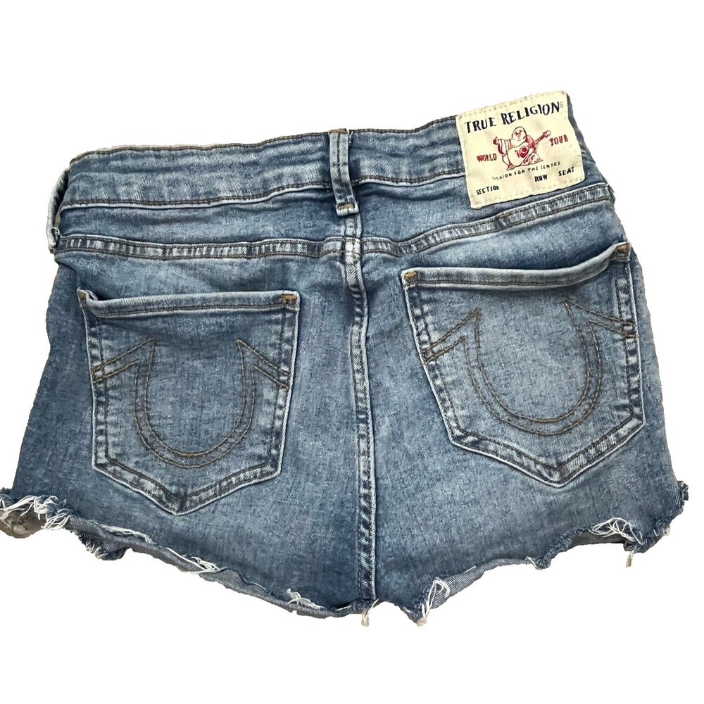 True Religion Jeans Stella Cut Off Shorts 29 Raw Hem Mid Rise Skinny‎ Blue Denim